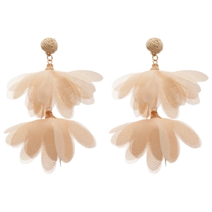 Elegant champagne raffia and chiffon flower tassel earrings with woven straw ball stud detail