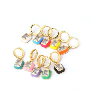 Colorful enamel hoop earrings with rectangular zircon pendants in various candy colors
