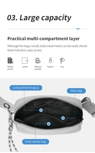 Crossbody belt bag detail showing large capacity with multi-compartment interior storage