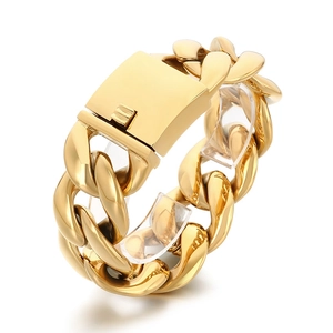Polished gold stainless steel Cuban link bracelet with broad square clasp for men