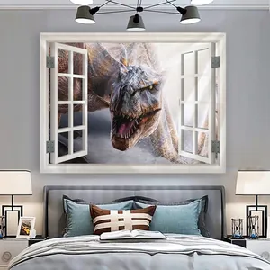 Tapiz de pared 3D detallado con un dinosaurio realista mirando a través de una ventana blanca