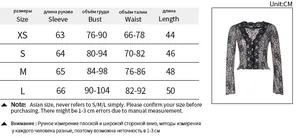 Size chart for lace deep V long sleeve top showing measurements in CM for XS to L sizes