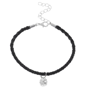Men's black braided rope bracelet featuring a silver metal dumbbell pendant and lobster clasp