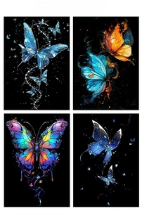 Cartes à gratter papillon A4 lumineuses avec motifs néon sur fond noir élégant
