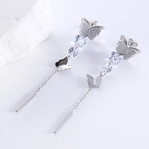 Elegant frosted butterfly earrings with zircon tassels in polished stainless steel