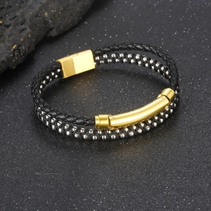 Black double-layer braided leather bracelet with gold magnetic clasp and silver beads