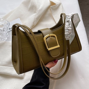 Women Crocodile Pattern PU Leather Underarm Bag With Golden Square Buckle And Decorative Scarf Vintage High End Style
