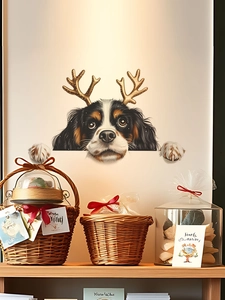 Christmas wall sticker showing Cavalier King Charles Spaniel with golden elk antlers
