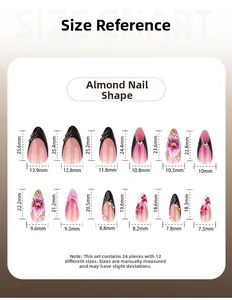 Guide des tailles montrant 12 dimensions pour 24 faux ongles French de forme amande