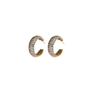 Sparkling gold C-shaped hoop earrings with micro-pave crystals on a white background