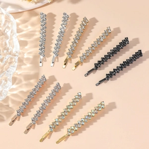Set of 10 stylish rhinestone hair clips in gold, silver, and black metal finishes