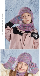 Close-up of kids colorful space-dyed knit hat, neck warmer and gloves set for winter