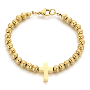 Minimalist gold 6mm beaded stainless steel bracelet with a cross pendant for women
