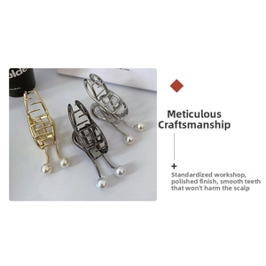 Polished metal hair claw clips with pearl accents in gold, black and silver finish