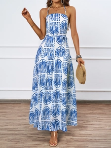 Detailed halter neck floral maxi dress with blue palm leaf print and waist tie