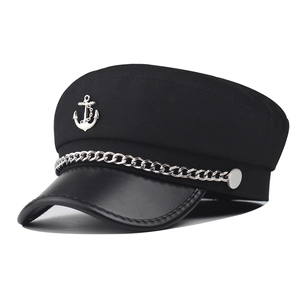 Captain Sailor Hat Naval Style Flat Top Cap With Metal Anchor And Chain Decor PU Leather Brim British Fashion