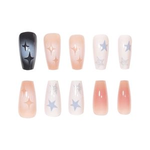 Star pattern press-on nails with black and pink gradients in long ballerina shape