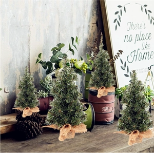 Set of four mini Christmas trees with burlap bases for festive tabletop decor