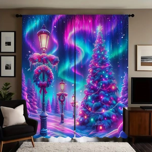 Detail of Christmas tree and aurora printed on festive blackout polyester curtains