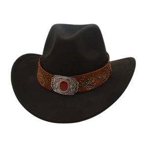 Detail of western cowboy hat with studded brown band and red gemstone buckle