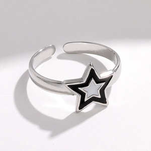 Minimalist Star Shape Alloy Open Ring For Women Adjustable Silver Color Black White Double Layer Star Design Jewelry
