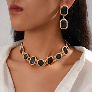 Collier Et Boucles D'oreilles En Cristal Noir Géométrique Rétro Cuivre Avec Tige En Argent Bijoux Gothiques