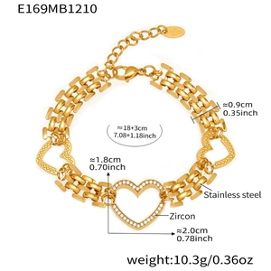 Detail showing heart-shaped charms with zircon inlay and triple-row stainless steel chain
