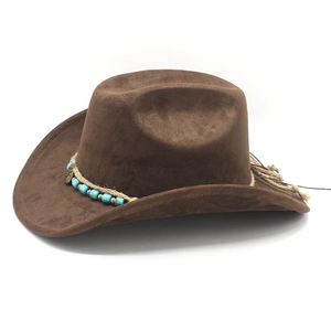 Detail of dark brown suede cowboy hat with ethnic braided rope and turquoise bead trim