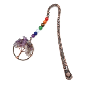 Handmade vintage bronze tree of life bookmark with seven chakra beads and purple stones