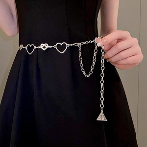 Chic silver hollow heart link waist chain for women with triangular logo pendant detail