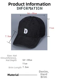 Size chart showing 54-59cm circumference and 11cm depth for washed denim baseball cap