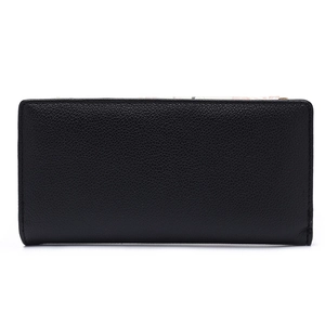 Detailed close-up of premium black PU leather wallet with elegant lychee grain texture