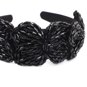 Handmade black beaded crystal floral headband with shimmering wide-brim wave design