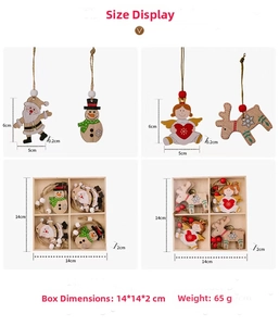 Detailed view of wooden Christmas ornaments with specific dimensions and gift box packaging
