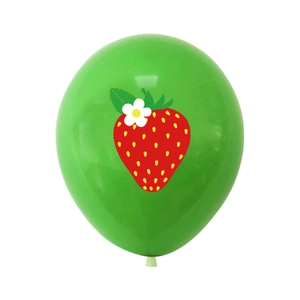 Green balloon with cartoon strawberry and floral prints for fruit themed party decoration