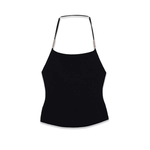 Women Knitted Tank Top Sexy Backless Cami Slim Fit Halter Neck Solid Color With Silver Metal Beads Decoration Streetwear