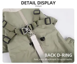 Detail of waterproof dog raincoat featuring reinforced D-ring and adjustable buckle