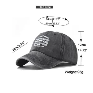 Detailed size chart for washed cotton baseball cap with AGT MY AGE embroidery and brim info