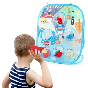 Kids bean bag toss game with collapsible scoring target and colorful cartoon pattern