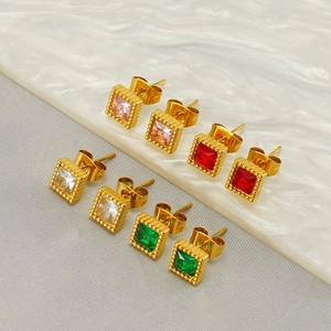 Square Stud Earrings 18K Gold Plated Stainless Steel Zircon Beaded Edge Geometric Elegant Fashion Women Jewelry