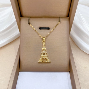 Eiffel Tower Heart Love Pendant Necklace Stainless Steel Chain Copper Rhinestone Inlaid Fashion Jewelry Women Necklaces Accessories