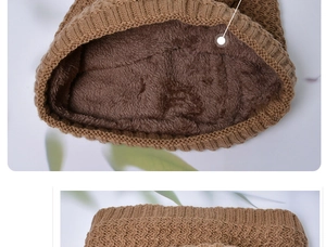 Detailed view of khaki knit beanie featuring thick brown fleece lining and ribbed texture