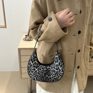 Retro leopard print underarm bag with half-moon design in black and grey for women