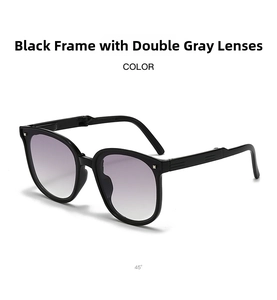 Detailed 45-degree view of foldable black frame sunglasses with grey gradient lenses