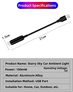 USB car star lights with flexible metal hose and 21cm length for interior starry atmosphere