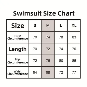 Detailed swimsuit size chart for women with S-XL measurements for bust and waist