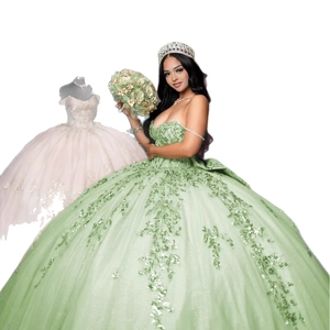 Elegant light green sequin floral ball gown with strapless neckline and layered tulle skirt