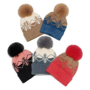 Winter Knit Beanie Hat With Snowflake Jacquard Pattern And Faux Fur Pom Pom Warm Windproof Autumn Outdoor Women