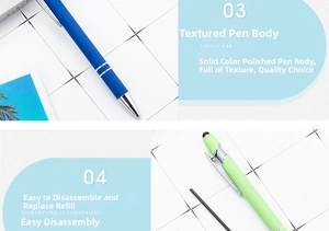 Detail view of colorful retractable ballpoint pens showing easy refill replacement feature