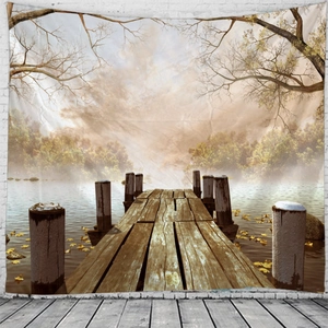 Detailed texture of forest landscape tapestry with autumn leaves on white brick wall